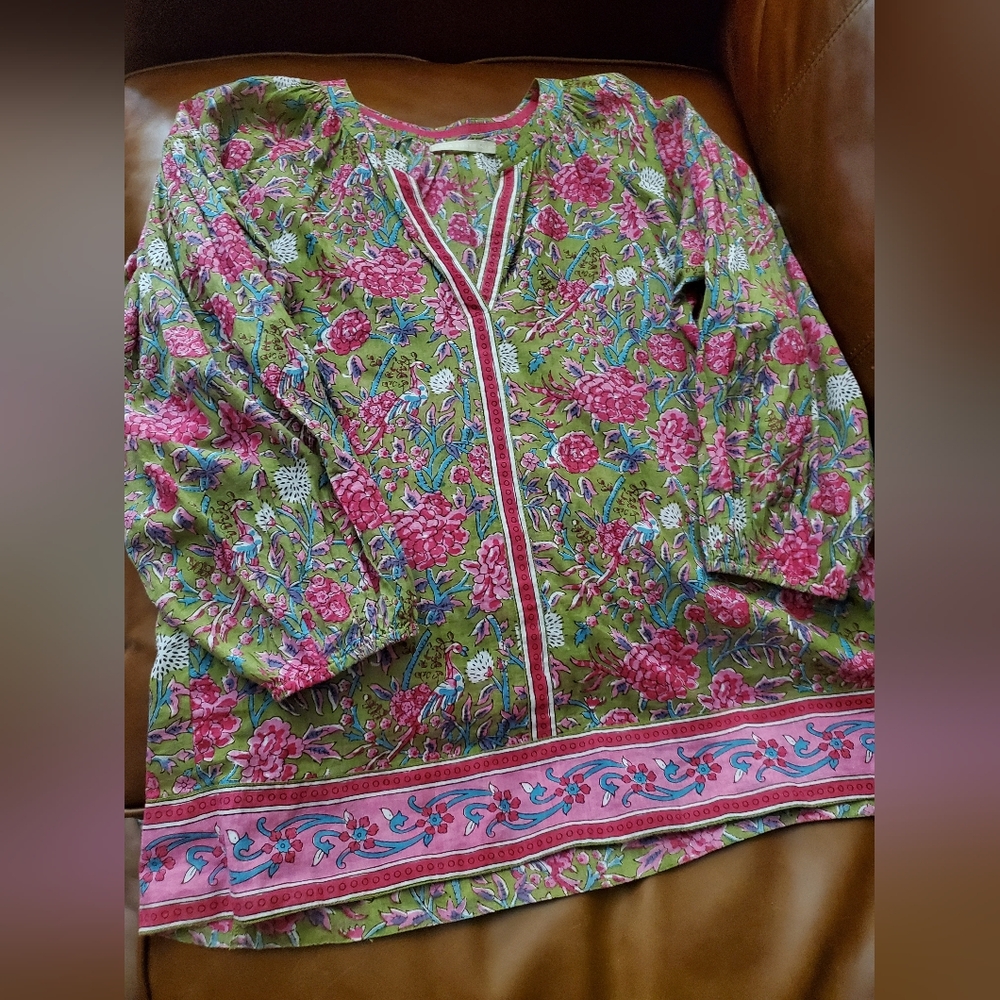 Lola Australia Green Pink Boho Printed Blouse Size XS Xsmall